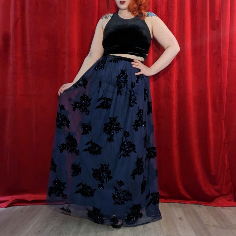 Two-piece black velvet and blue tulle prom dress by Blondie Nites - size 7